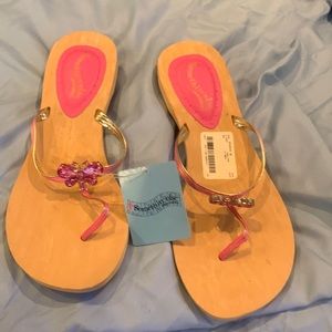 Cute pink rhinestone flip-flops Skechers leather on top size 11